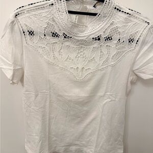 Maje White Short Sleeve Tee with Lace Yoke